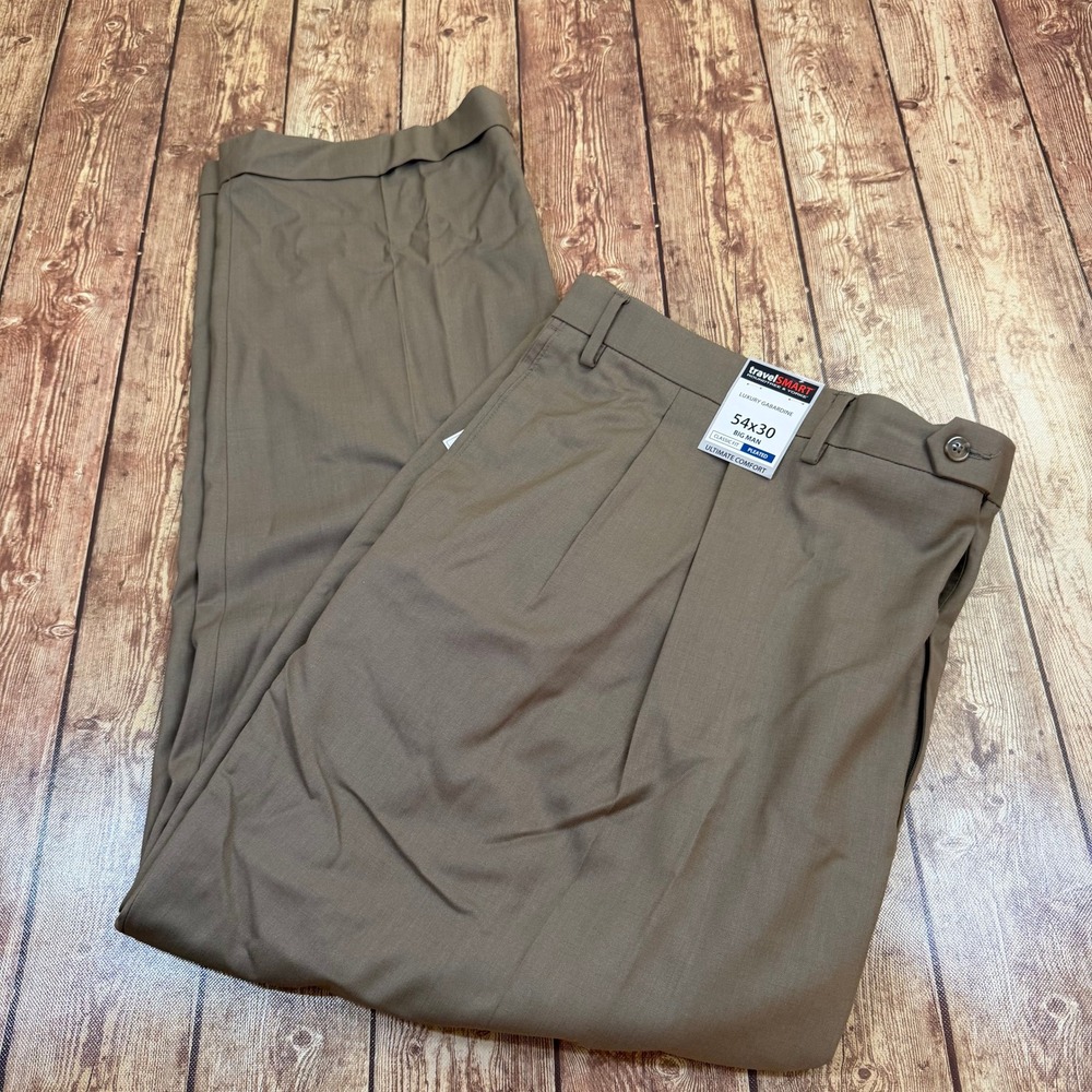Roundtree & Yorke TravelSmart Dress Pants Mens 54x30 Brown Pleated Gabardine NWT